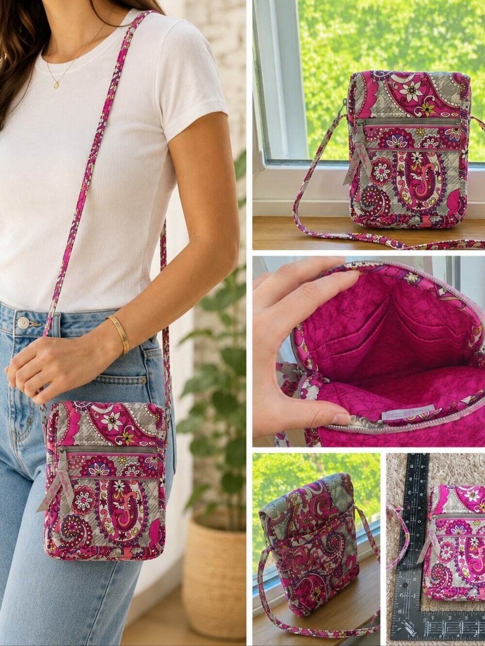 Vera Bradley Pink Paisley Crossbody Purse with Yellow Accents